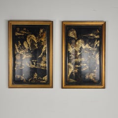 Striking Pair of 19th Century Chinoiserie Panels in Gilt Frames art