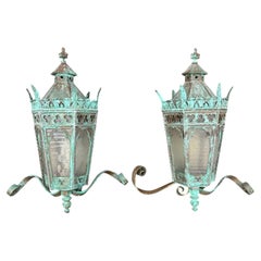 Large Antique Gothic Revival copper exterior lanters with brass arms