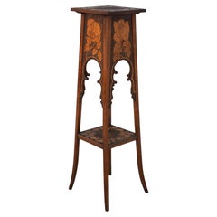 Antique Art Nouveau Carved & Inlaid Two-Tier Plant Stand Pedestal, circa 1900