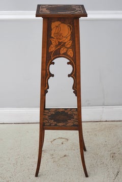 Antique Art Nouveau Carved & Inlaid Two-Tier Plant Stand Pedestal, circa 1900