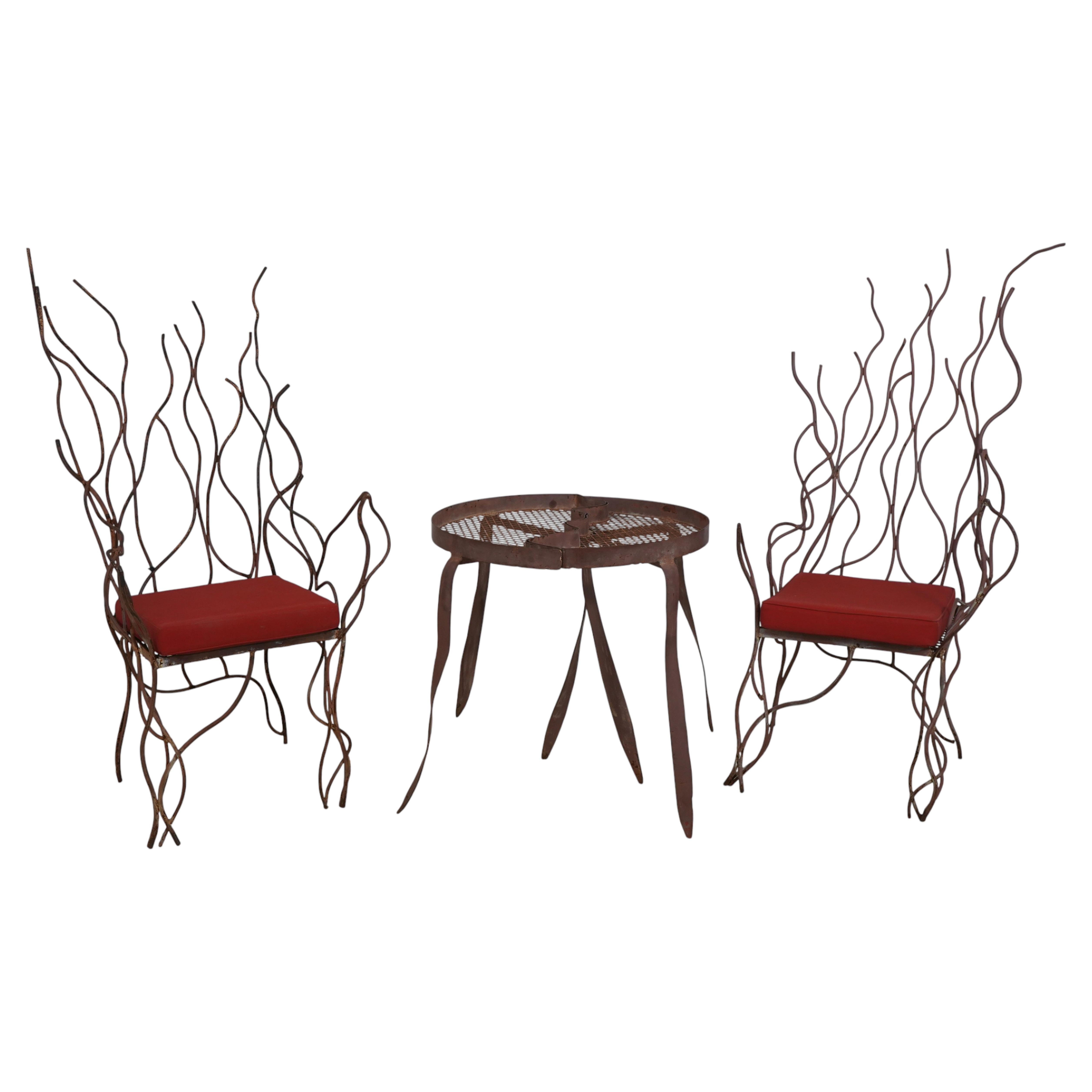 Sculptural Modern Iron “Flame” High-Back Chairs & Interlocking Table Set For Sale
