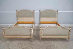 Pair of Vintage French Louis XVI Style Painted & Gilt Cane Twin Beds