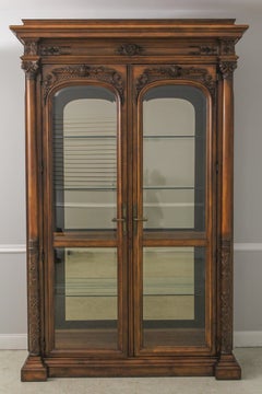 Pair of HENREDON Renaissance Revival Lighted Curio Cabinet with Beveled Glass