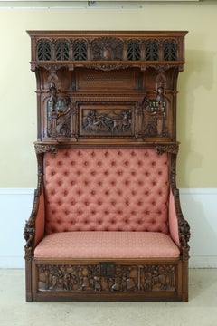 Antique Carved Walnut Hall Bench, Continental Style, 200 Years Old