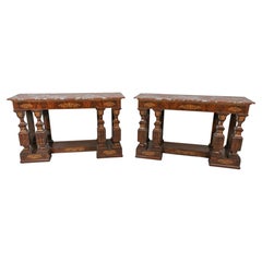 Pair Antique Charles X Inlaid Mahogany Marble Console Tables