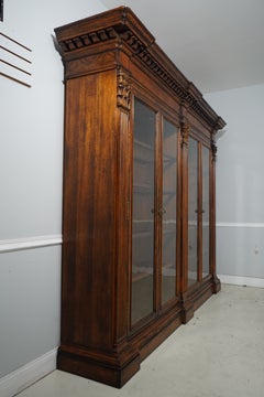 Italian Continental Style 4 Door Large Walnut Library Bookcase