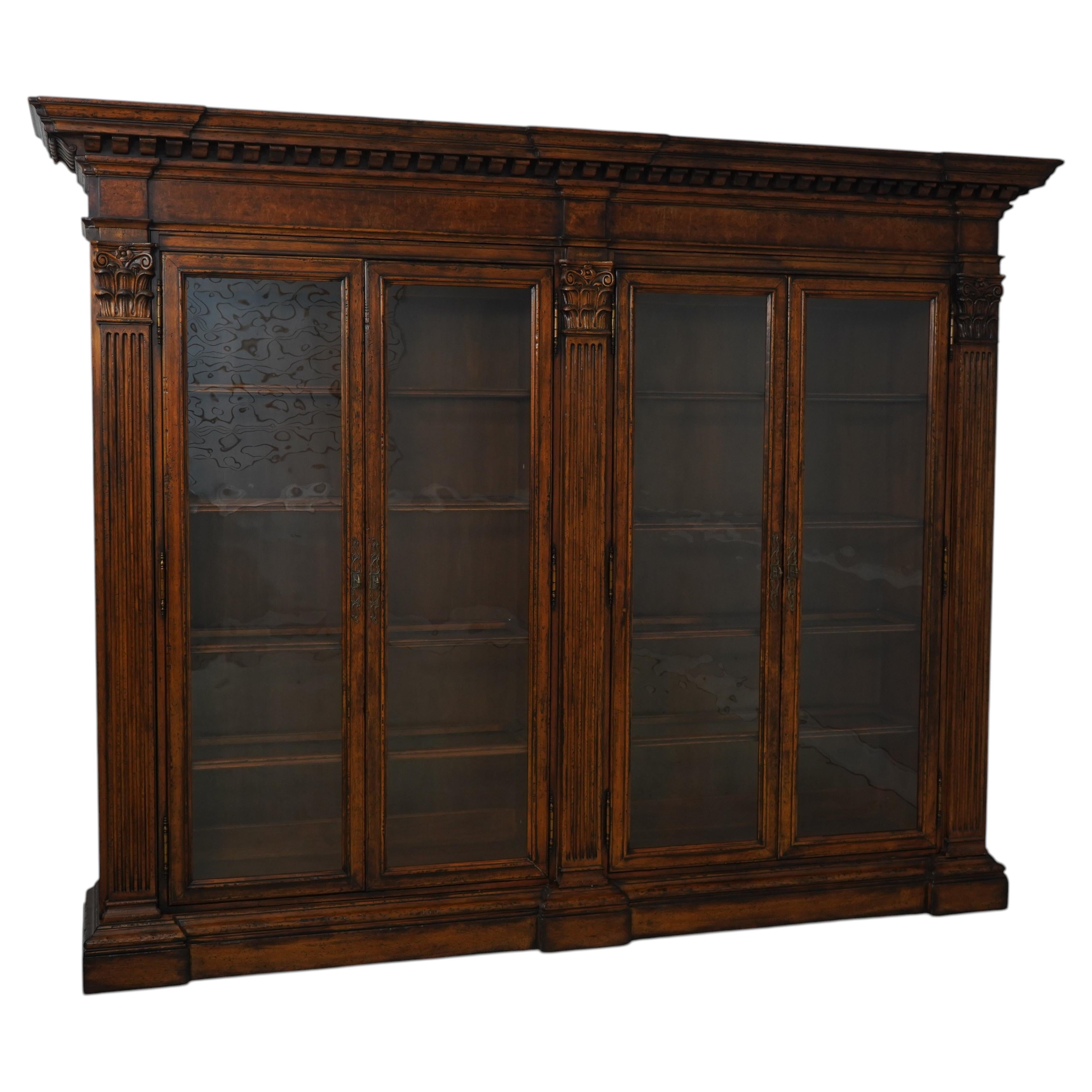 Italian Continental Style 4 Door Large Walnut Library Bookcase For Sale