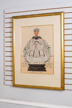 Pair of Antique Chinese Qing Dynasty Ancestral Portraits on Silk, c. 1870s