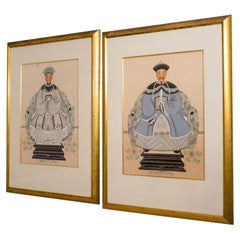 Pair of Antique Chinese Qing Dynasty Ancestral Portraits on Silk, c. 1870s