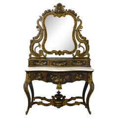 Early 19th Century Ebonized Mother-of-Pearl Inlaid Vanity w, Marble Top & Mirror