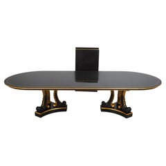 Neoclassical Hollywood Regency Large Ebony & Gold Oval Double Pedestal Dining Ta
