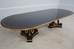 Neoclassical Hollywood Regency Large Ebony & Gold Oval Double Pedestal Dining Ta