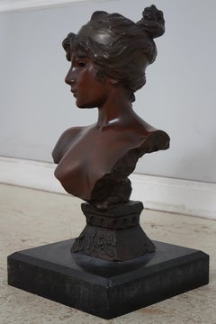 French Emmanuel Vallanis 19th Century Bronze Bust of a Woman “Tanagra”