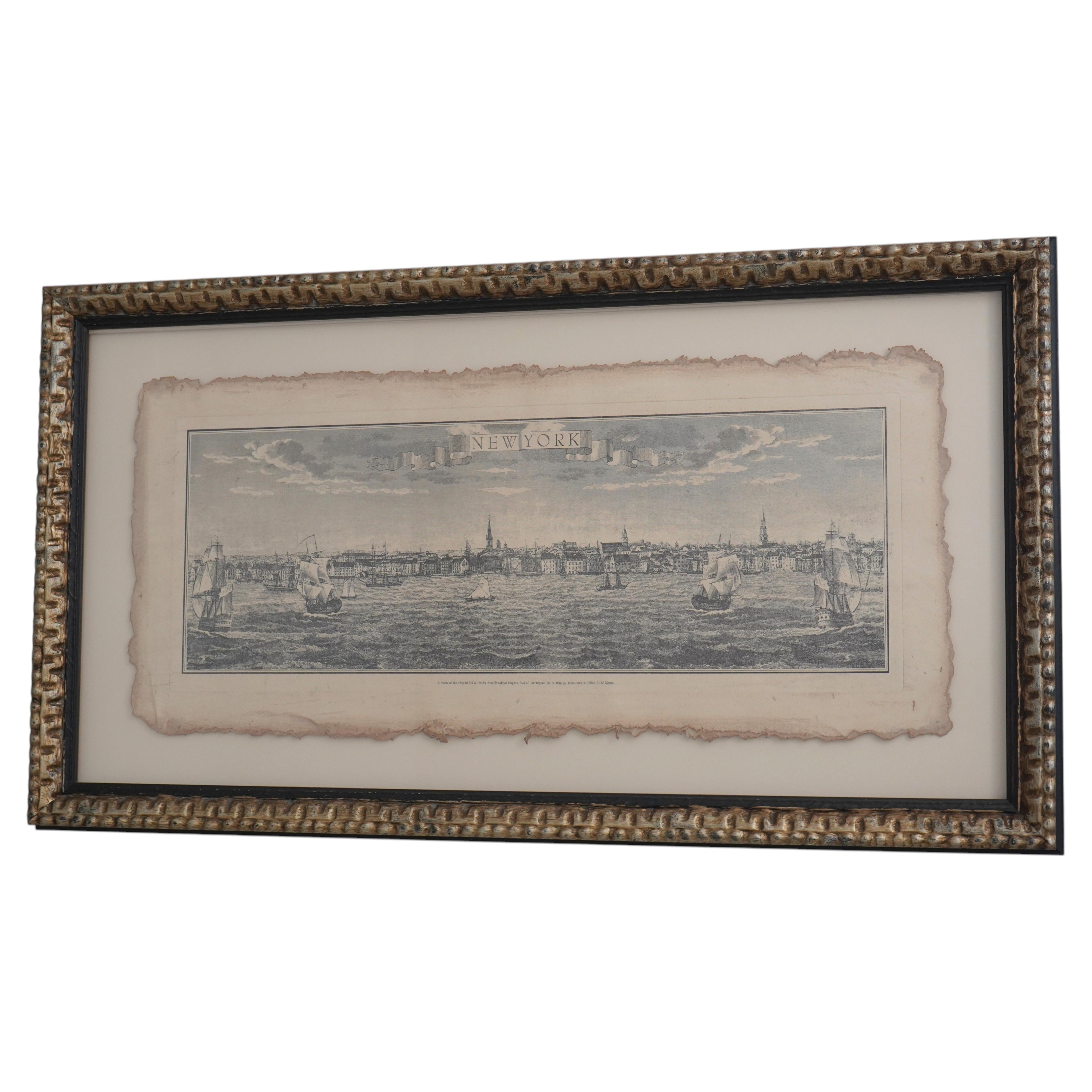 Vista panorámica antigua de Brooklyn Heights, Nueva York; grabado enmarcado, hacia la década de 1870