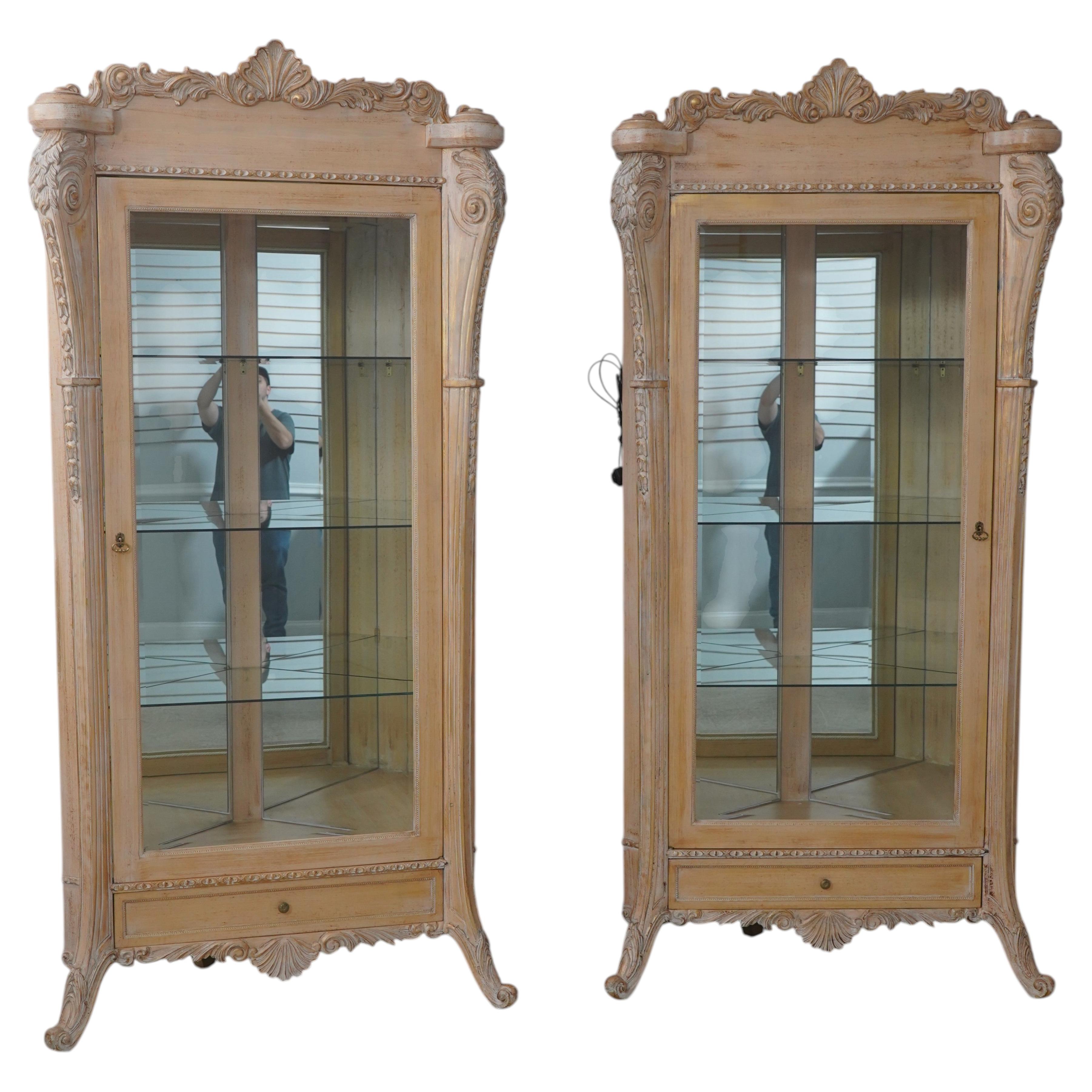Pair French Style Gold Wash Corner China Cabinets with Beveled Glass For Sale