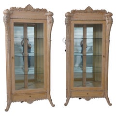Pair French Style Gold Wash Corner China Cabinets with Beveled Glass