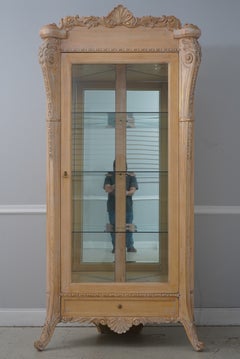 Pair French Style Gold Wash Corner China Cabinets with Beveled Glass
