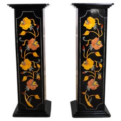 Pair Monumental Pietra Dura Inlaid Marble Pedestals