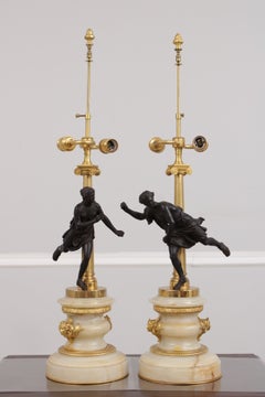 Pair French Empire Style Figural Bronze & Marble Table Lamps, circa early 1900s