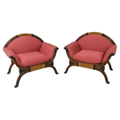 Pair Vintage Biedermeier Oversized Upholstered Armchairs