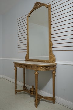 Vintage French Louis XVI Marble Top Gold Console Table w. Mirror