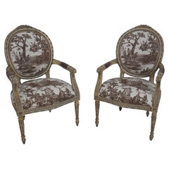 Pair Vintage French Louis XVI Medallion Back Armchairs