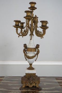 Pair of French Louis XV Style Marble and Ormolu Five-Light Candelabras, circa 19