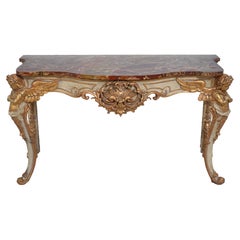 Antique Italian Rococo Marble Top Polychrome Painted Finish Console Table