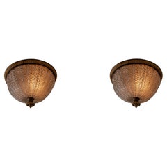 Pair of French Beaded Crystal Flush Mount Chandeliers with Bronze Frames, circa