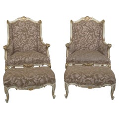 Pair of French Louis XIV Style Gilt Armchairs with Matching Ottomans, circa 1990