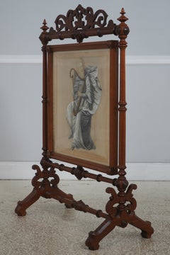 American Victorian Walnut Beaded Needlepoint Rotating Fireplace Screen, circa 18