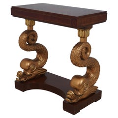 Antique Italian Inlaid Mahogany Console Table with Gilt Dolphin Supports, circa
