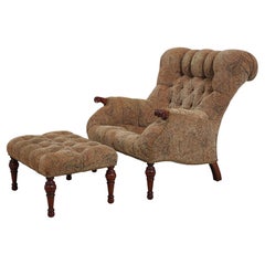 Stickley Tufted Leopold Club Chair & Ottoman, Cherry Wood, 2017