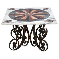Vintage-Tisch mit Marmorplatte im Pietra-Dura-Stil und schmiedeeisernem Gestell