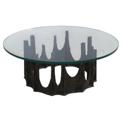 Paul Evans Signed Brutalist “Stalagmite” Bronze and Glass Coffee Table, circa 19
