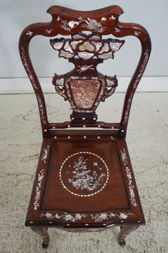 Pair of Vietnamese Rosewood Mother-of-Pearl Inlaid Side Chairs with Marble Backs