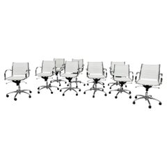 Set of 10 Modern Chrome Office Chairs with White Upholstery, circa 1990s