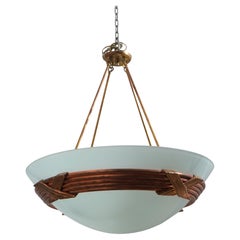 Vintage Art Deco Style Copper, Brass & Opaque Glass Bowl Chandelier, circa 1970s