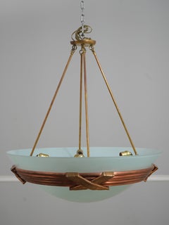 Vintage Art Deco Style Copper, Brass & Opaque Glass Bowl Chandelier, circa 1970s