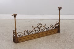 Vintage Gothic Revival Gold-Finish Wrought Iron Fireplace Fender & Tools, c1920s