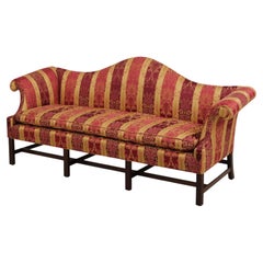 Vintage Chinese Chippendale Camelback Sofa in Mahogany & Damask