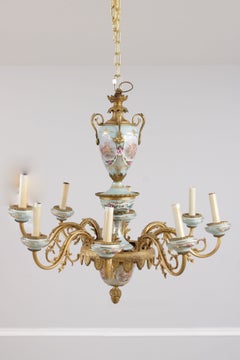French Sèvres Style Porcelain and Gilt Bronze Eight-Light Chandelier, circa 1940