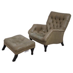 Green Tufted Leather Lounge Chair and Ottoman, English Style, 2003