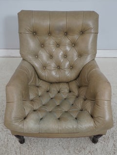 Green Tufted Leather Lounge Chair and Ottoman, English Style, 2003