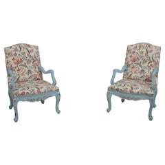 Pair of French Provincial Blue Frame Open Arm Chairs - New Upholstery