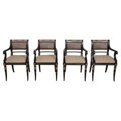 Set of 4 BAKER Neoclassical Cane Back Armchairs, Ebony Finish