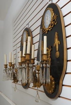 Pair Antique French Neoclassical Bronze & Crystal Wedgewood Wall Sconces c.1910