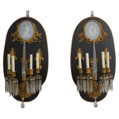 Pair Antique French Neoclassical Bronze & Crystal Wedgewood Wall Sconces c.1910