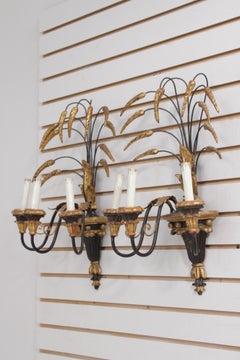 Pair Vintage Italian Regency Style Gilt Wood & Iron Three-Light Wall Sconces, ci