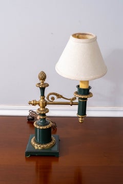 Pair of Vintage French Bouillotte Style Green & Brass Table Lamps with Shades